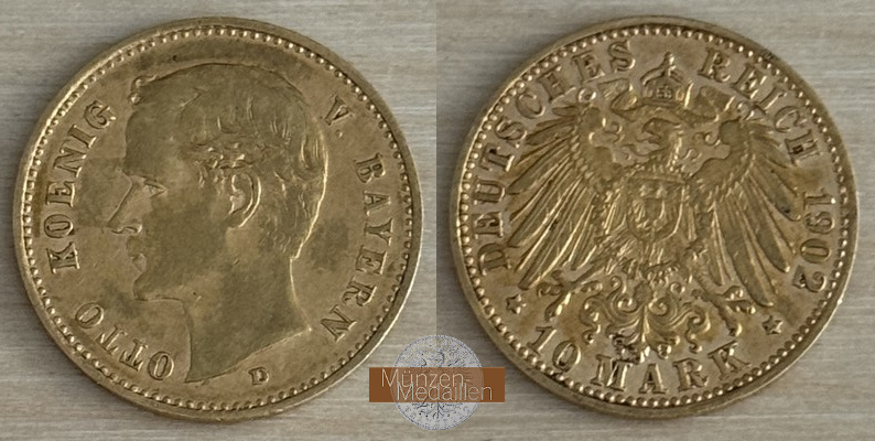 Dt. Kaiserreich. Bayern, Otto 1886-1913. MM-Frankfurt Feingold: 3,58g 10 Mark 1902 D 
