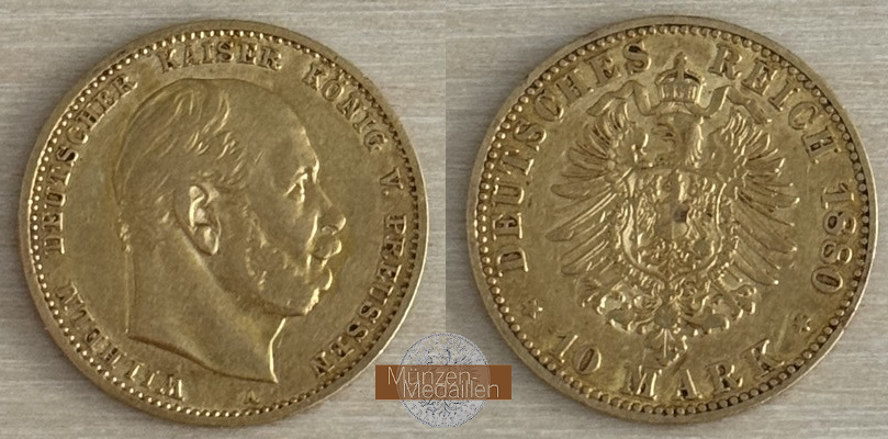 Deutsches Kaiserreich. Preussen MM-Frankfurt Feingewicht: 3,59g Gold Wilhelm I. 1861-1888. 10 Mark 1880 A 