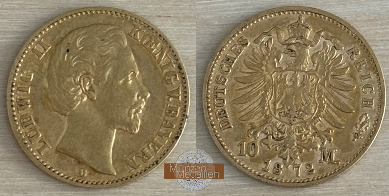 Dt. Kaiserreich. Bayern, Ludwig II. MM-Frankfurt Feingold: 3,58g 10 Mark 1872 D 