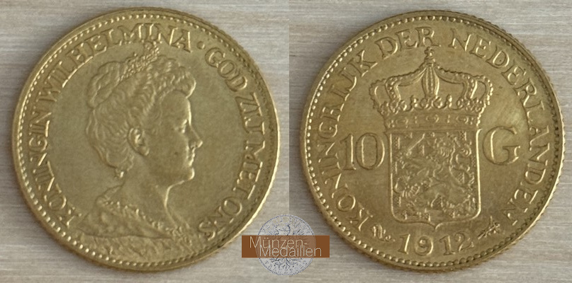 Niederlande MM-Frankfurt  Feingold: 6,06g 10 Gulden 1912 