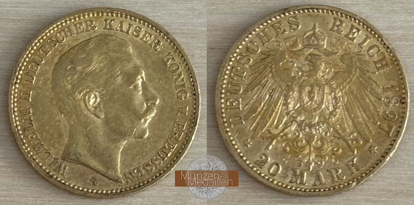 Dt. Kaiserreich. Preussen Wilhelm II. MM-Frankfurt Feingold: 7,17g 20 Mark 1897 A 