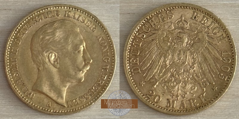 Dt. Kaiserreich. Preussen Wilhelm II. MM-Frankfurt Feingold: 7,17g 20 Mark 1905 A 