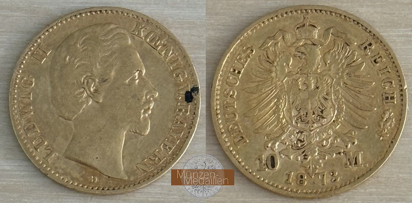 Bayern, Kaiserreich  10 Mark MM-Frankfurt Feingold: 3,58g Ludwig II. 1864-1886 1873 D 