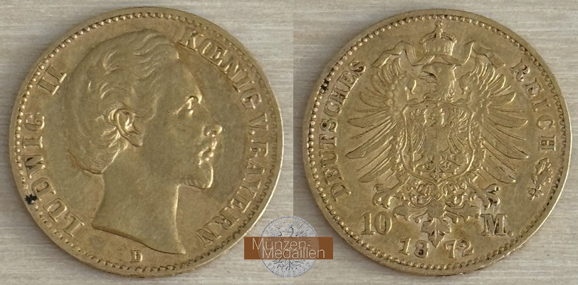 Bayern, Kaiserreich  10 Mark MM-Frankfurt Feingold: 3,58g Ludwig II. 1864-1886 1872 D 