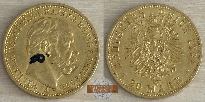 Deutsches Kaiserreich. Preussen MM-Frankfurt Feingold: 7,17g Wilhelm I. 20 Mark 1883 A 