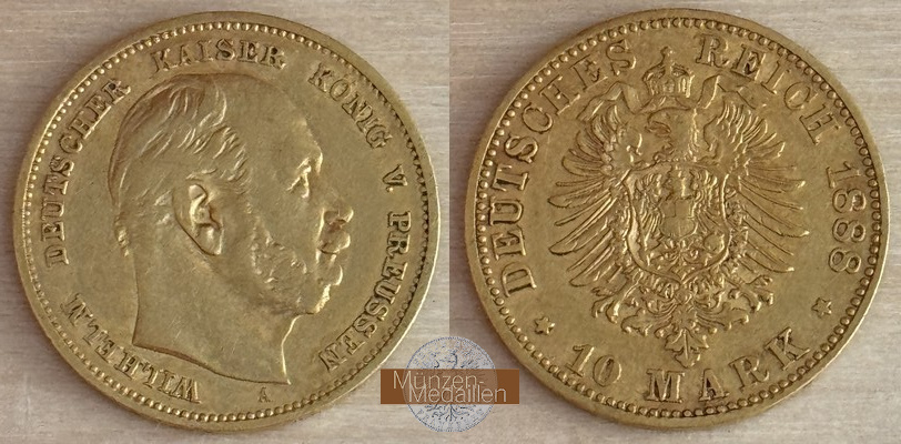 Deutsches Kaiserreich. Preussen MM-Frankfurt Feingewicht: 3,59g Gold Wilhelm I. 1861-1888. 10 Mark 1888 A 