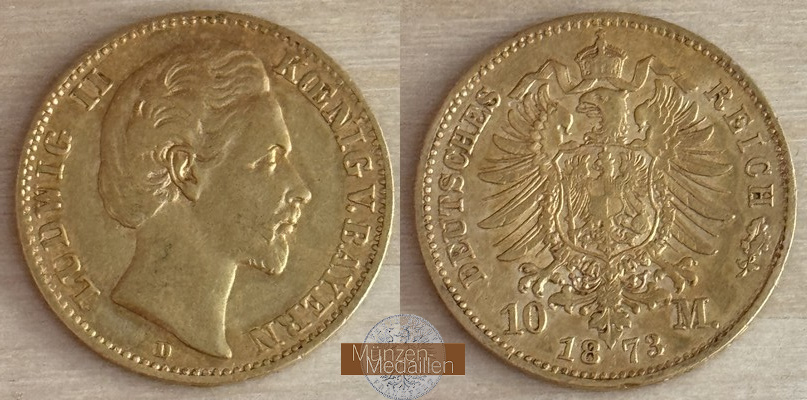 Deutsches Kaiserreich. Bayern MM-Frankfurt Feingewicht: 3,59g Gold Ludwig II. 10 Mark 1873 D 
