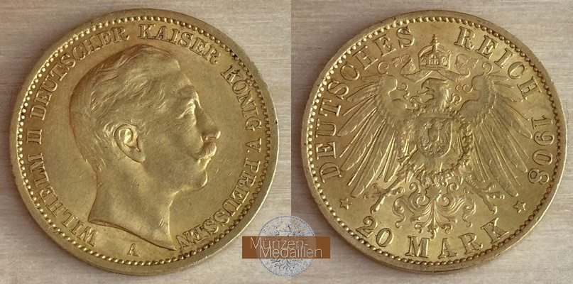 Dt. Kaiserreich. Preussen Wilhelm II. MM-Frankfurt Feingold: 7,17g 20 Mark 1908 A 