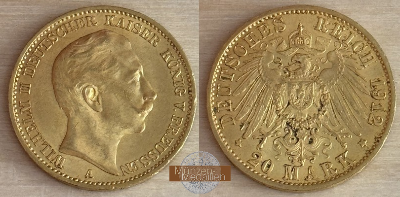 Dt. Kaiserreich. Preussen Wilhelm II. MM-Frankfurt Feingold: 7,17g 20 Mark 1912 A 