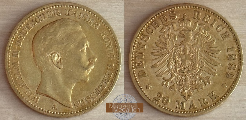Dt. Kaiserreich. Preussen Wilhelm II. MM-Frankfurt Feingold: 7,17g 20 Mark 1889 A 