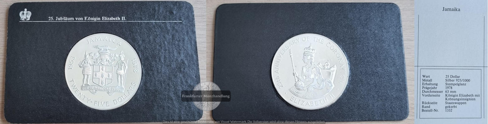  Jamaika  25 Dollar  1978  FM-Frankfurt  Feingewicht: 125,87g  Silber  vorzüglich   