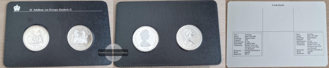  Cook-Inseln 2 x 10 Dollar 1977  FM-Frankfurt  Feingewicht: 51,62g Silber vorzüglich   