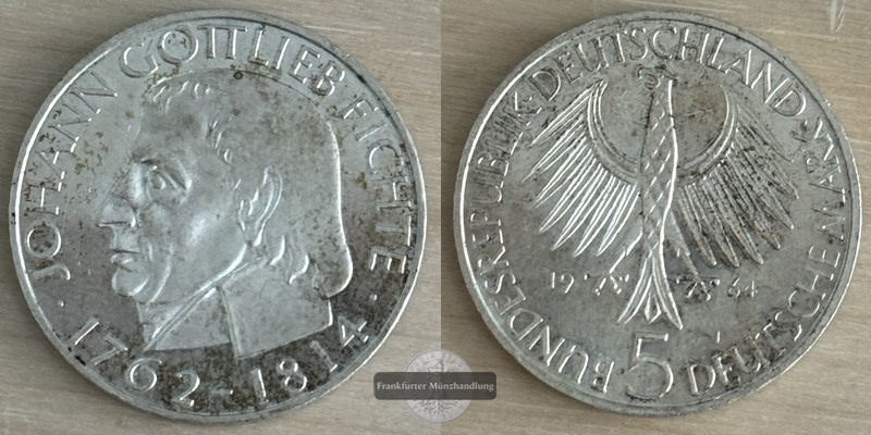  Deutschland 5 Mark, 1964  150. Todestag von Johann Gottlieb Fichte  FM-Frankfurt   Feinsilber: 7g   