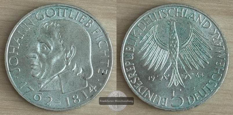  Deutschland 5 Mark, 1964  150. Todestag von Johann Gottlieb Fichte  FM-Frankfurt   Feinsilber: 7g   