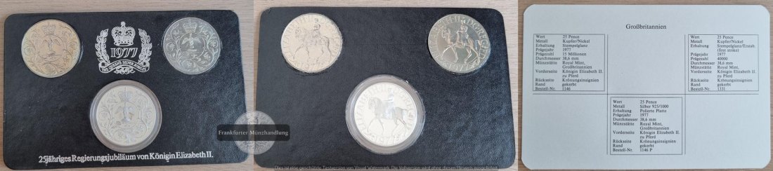  Großbritanien  3x 25 Pence 1977  FM-Frankfurt  Feingewicht: 26,16g  Silber  vorzüglich   