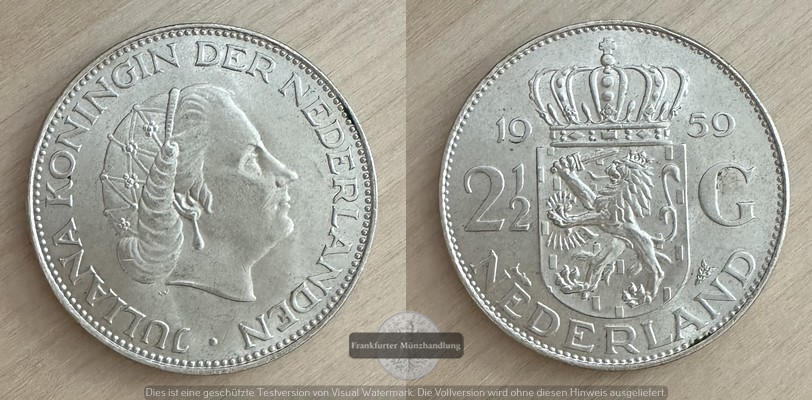  Niederlande  2 1/2 Gulden  1959  Queen Juliana   FM-Frankfurt  Feinsilber: 10,8g   