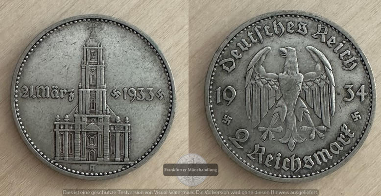  Deutschland, Drittes Reich 2 Reichsmark 1934   FM-Frankfurt  Feinsilber:5g   