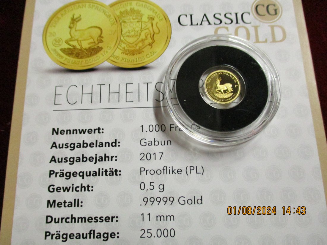  1000 Francs Gabun Goldmünze 9999er 50 Jahre Springbock   