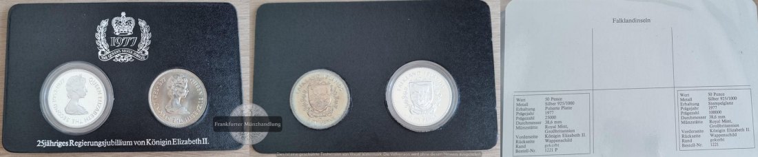  Falkland Inseln  2 x 50 Pence  1977 FM-Frankfurt  Feingewicht: 52,32g Silber pp   