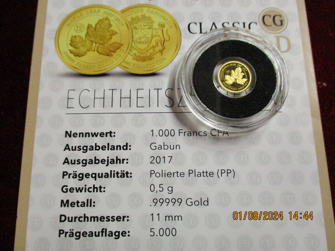  1000 Francs Gabun 2017 Goldmünze 9999er 10 Jahre Maple Leaf   