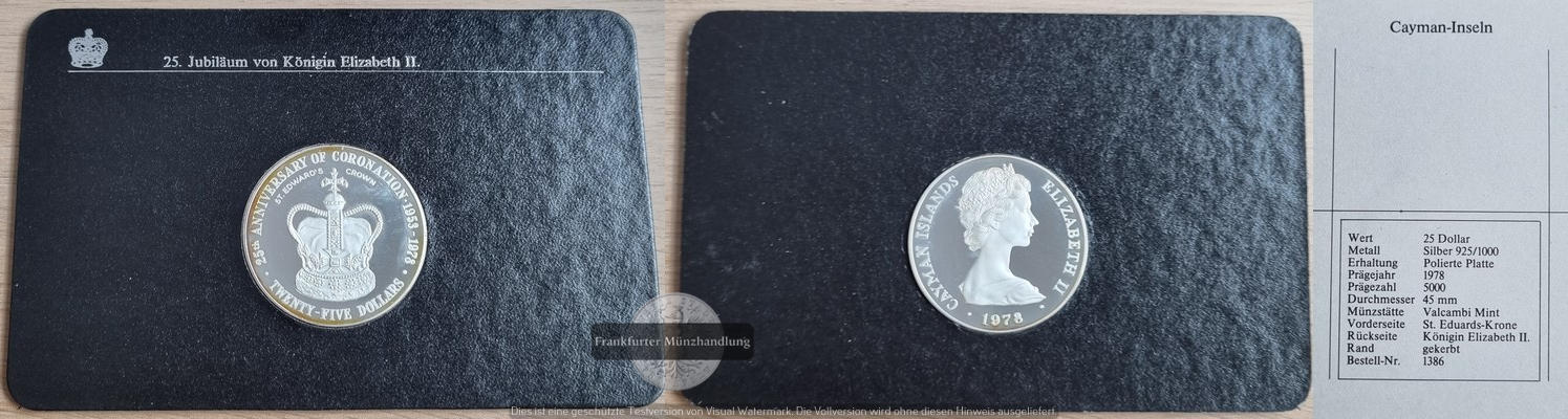  Cayman Island  25 Dollar  1978  FM-Frankfurt  Feingewicht: 47,50g  Silber vorzüglich   