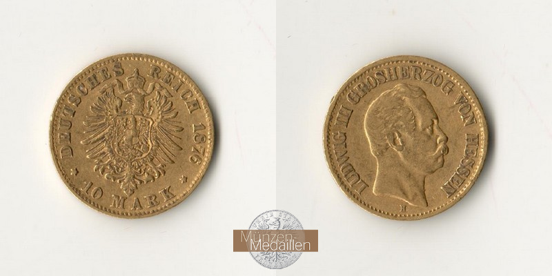 Deutsches Kaiserreich - Hessen MM-Frankfurt Feingold: 3,58g Ludwig III. 10 Mark 1876 H 