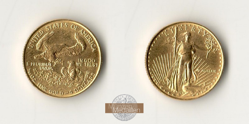 USA  5 Dollar MM-Frankfurt  Feingold: 3,11g American Eagle 1/10 Unze 1989 