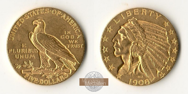 USA  5 Dollar MM-Frankfurt   Feingold: 7,52g Half Eagle 1908 