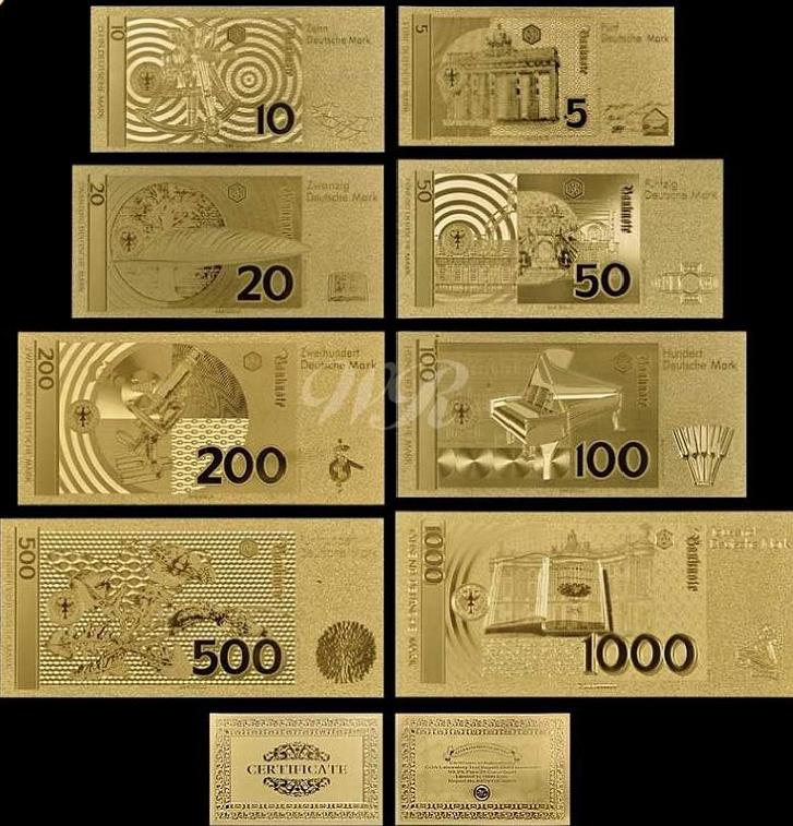  5-1000 Deutsche Mark DM Banknoten-Satz mit 8 Scheinen +Zerti auf Goldfolie für Sammler   