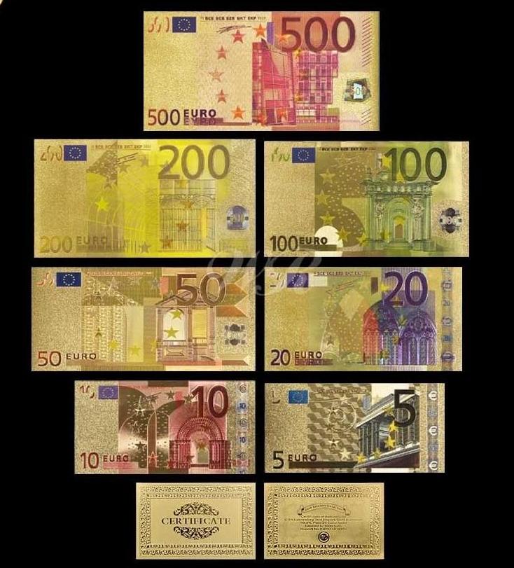  5-500 Euro Banknoten-Satz mit 7 Scheinen color +Zerti auf Goldfolie für Sammler   