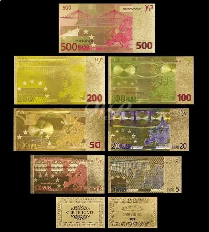  5-500 Euro Banknoten-Satz mit 7 Scheinen color +Zerti auf Goldfolie für Sammler   
