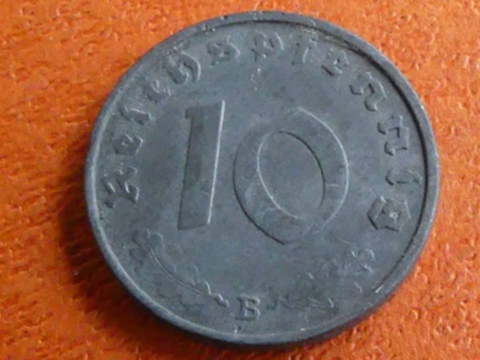  Deutschland Drittes Reich 10 Reichspfennig 1943 B, seltener Jahrgang   