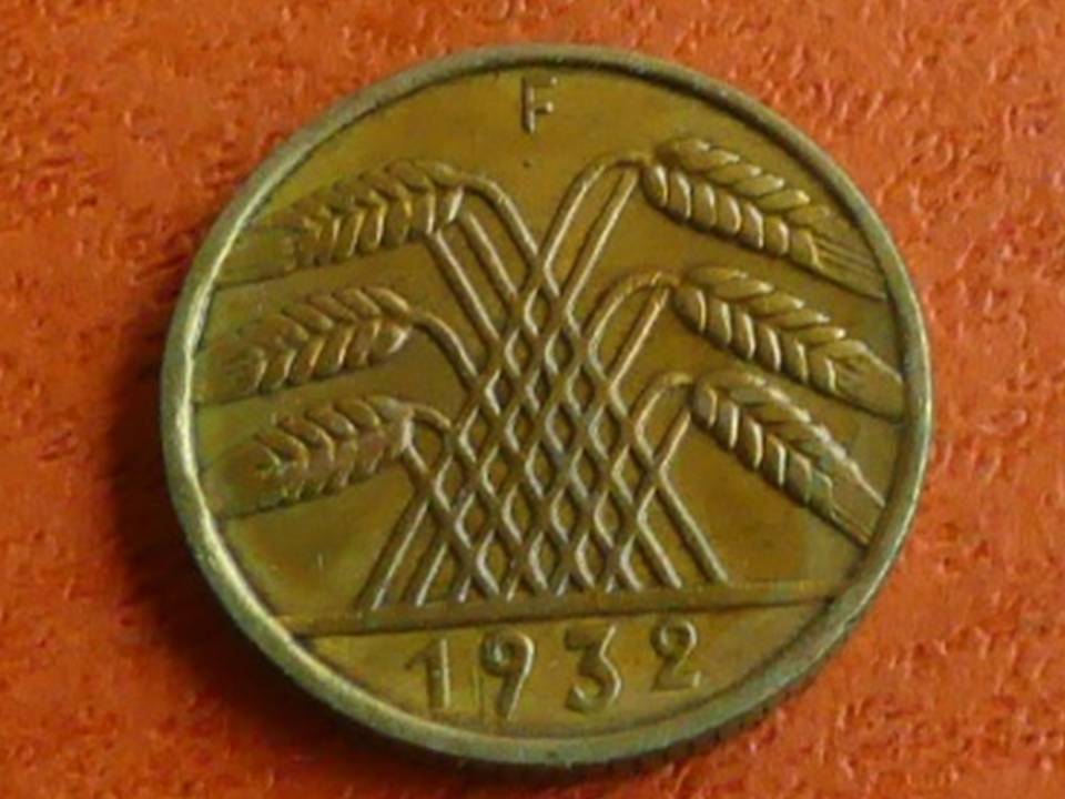  Deutschland Weimarer Republik 10 Reichspfennig 1932 F, seltener Jahrgang   