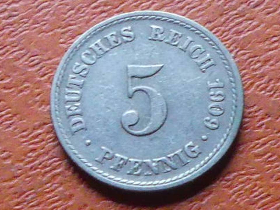  Deutschland Kaiserreich 5 Pfennig 1909 F, seltener Jahrgang   