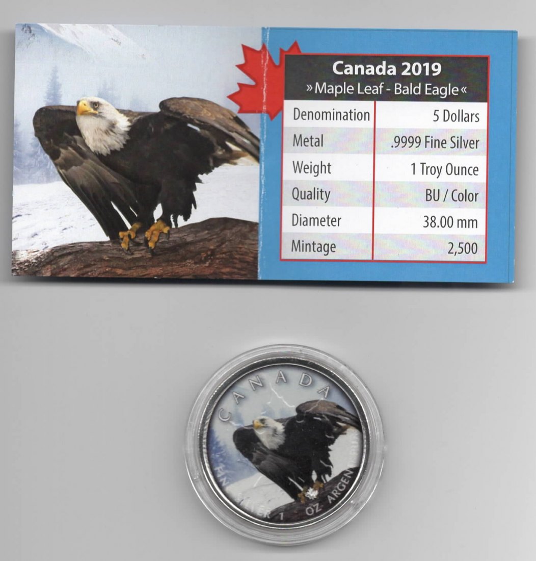  Maple Leaf, On the Trails of Wildlife, 2019, Bald Eagle, Farbe, 2500, Zertifikat, 1 unze oz Silber   