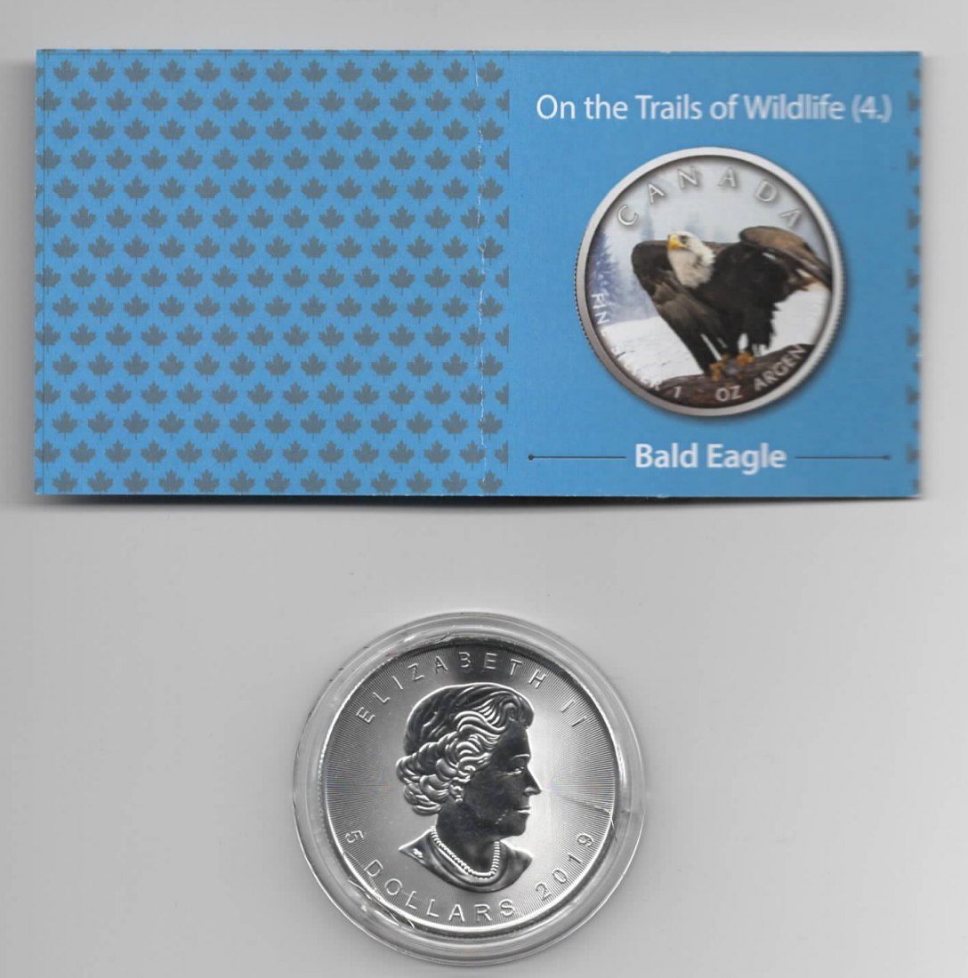  Maple Leaf, On the Trails of Wildlife, 2019, Bald Eagle, Farbe, 2500, Zertifikat, 1 unze oz Silber   