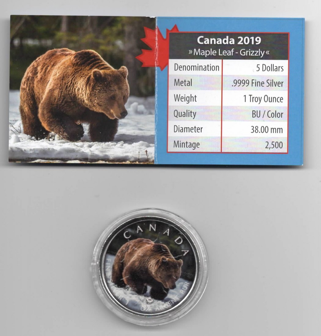  Maple Leaf, On the Trails of Wildlife, 2019, Grizzly, Farbe, 2500, Zertifikat, 1 unze oz Silber   