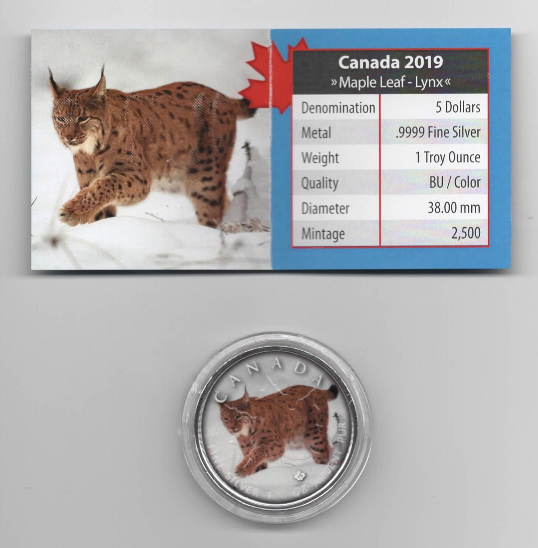  Maple Leaf, On the Trails of Wildlife, 2019, Lynx, Farbe, 2500, Zertifikat, 1 unze oz Silber   