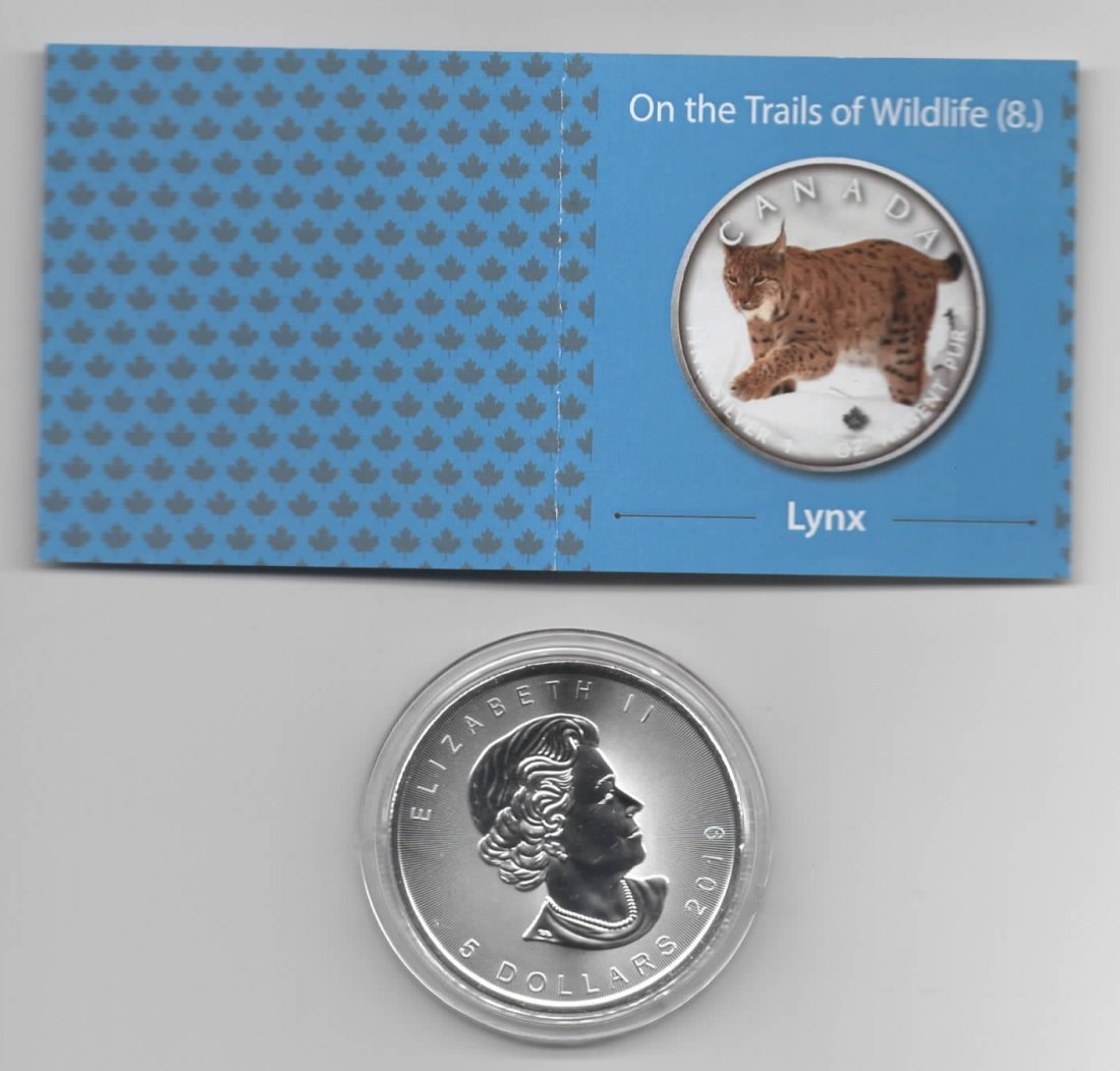  Maple Leaf, On the Trails of Wildlife, 2019, Lynx, Farbe, 2500, Zertifikat, 1 unze oz Silber   