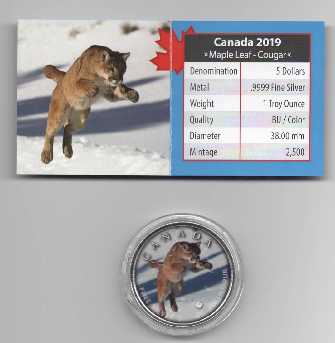  Maple Leaf, On the Trails of Wildlife, 2019, Cougar, Farbe, 2500, Zertifikat, 1 unze oz Silber   