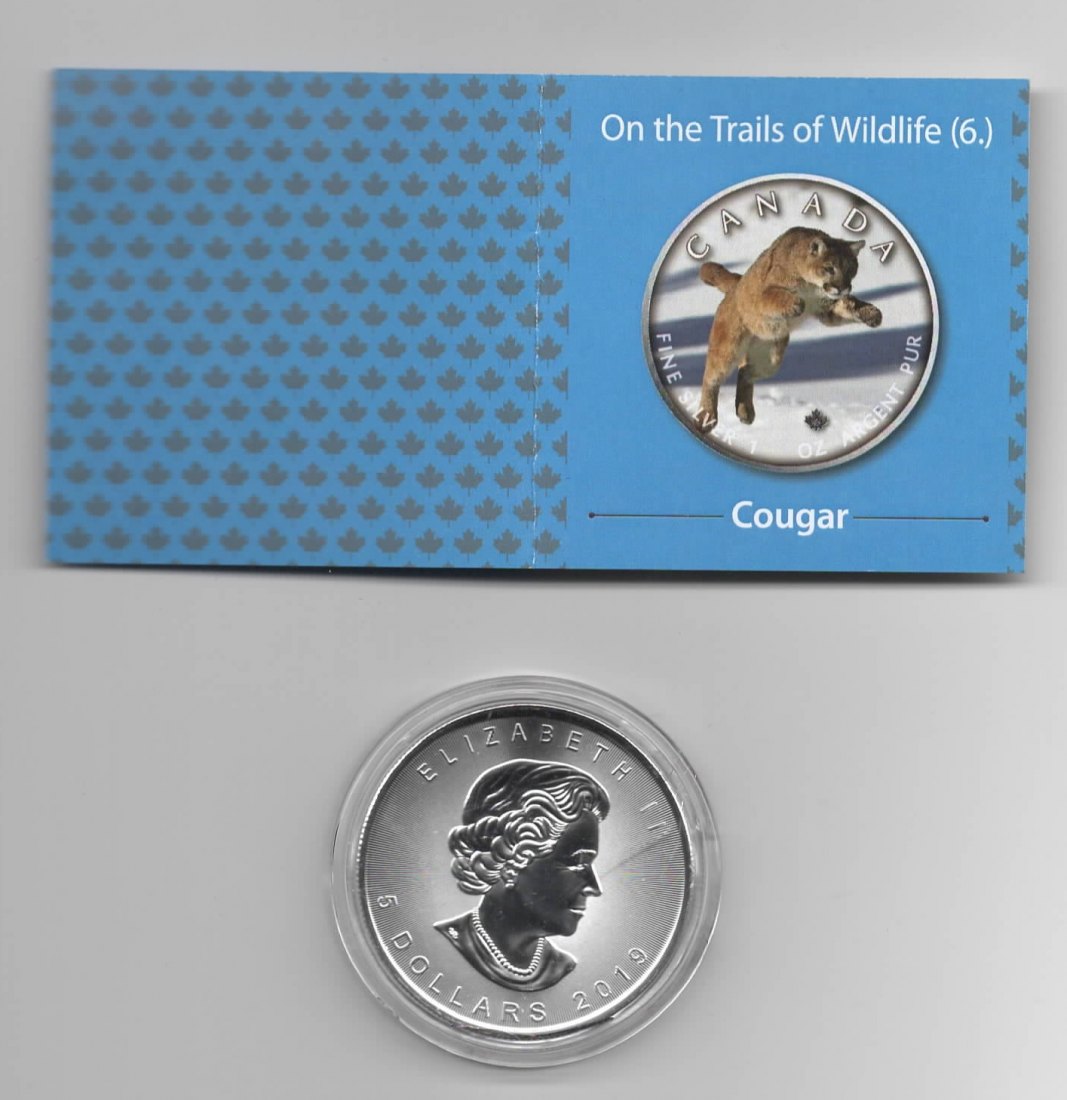  Maple Leaf, On the Trails of Wildlife, 2019, Cougar, Farbe, 2500, Zertifikat, 1 unze oz Silber   