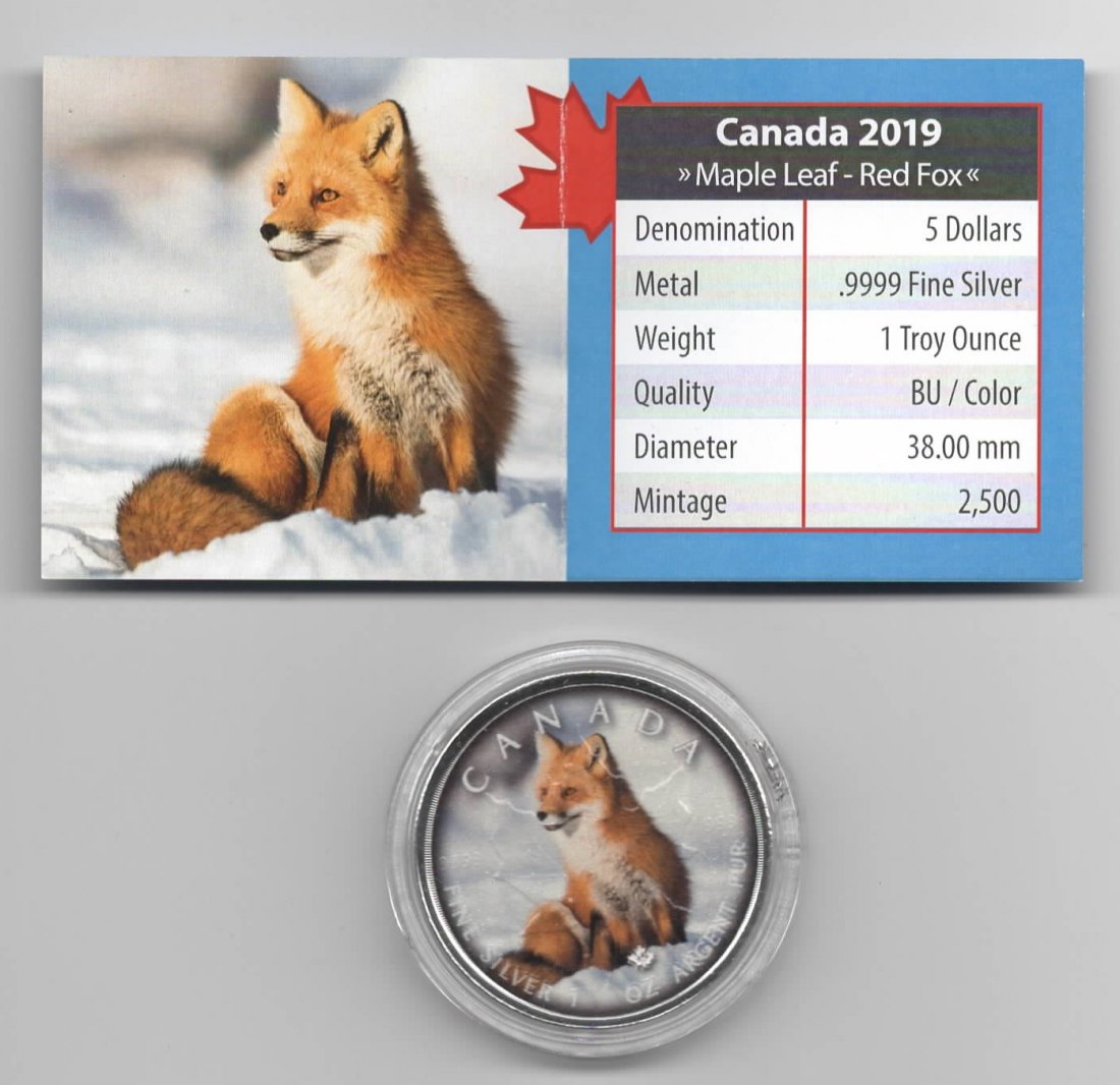  Maple Leaf, On the Trails of Wildlife, 2019, Red Fox, Farbe, 2500, Zertifikat, 1 unze oz Silber   
