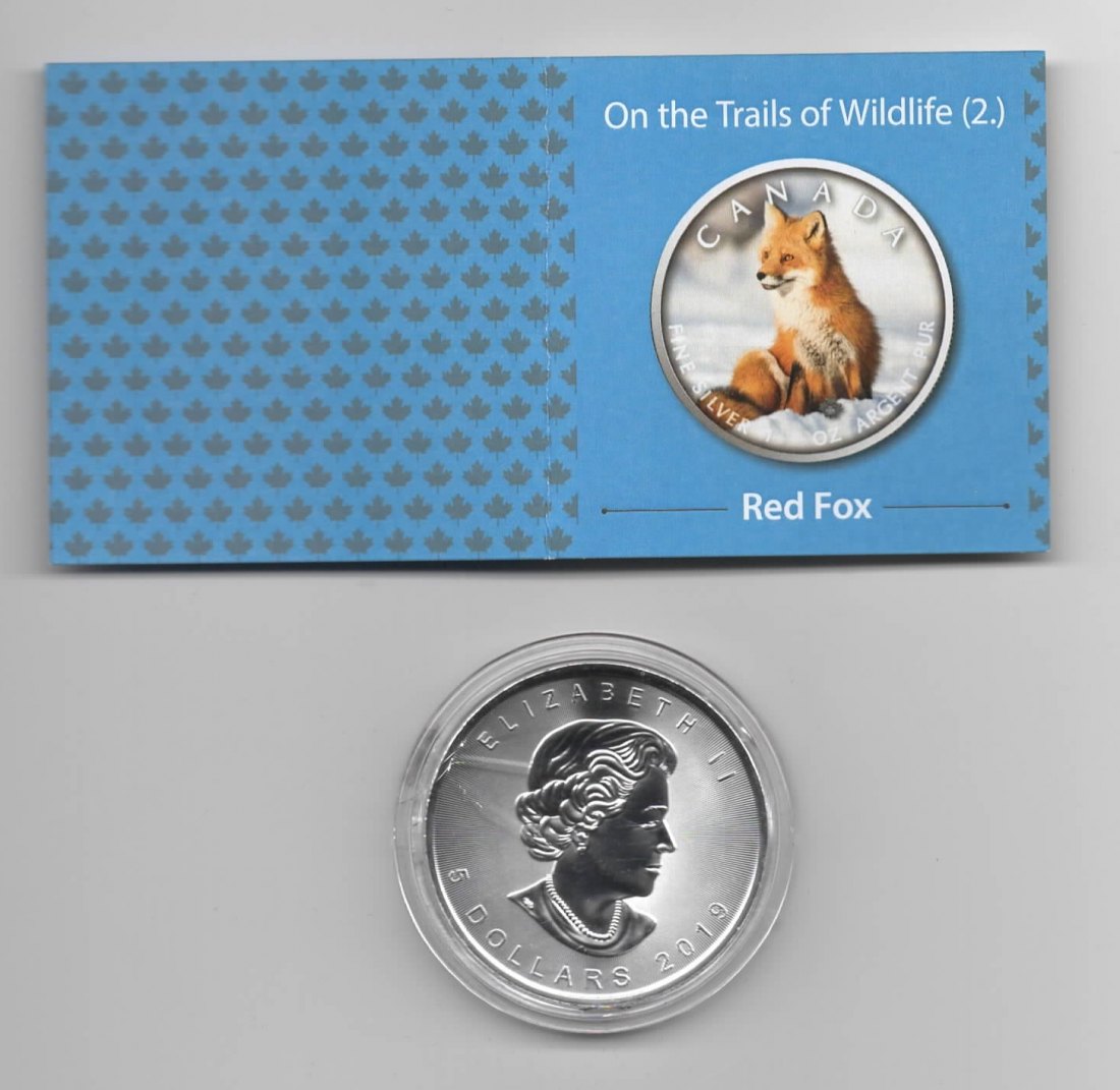  Maple Leaf, On the Trails of Wildlife, 2019, Red Fox, Farbe, 2500, Zertifikat, 1 unze oz Silber   