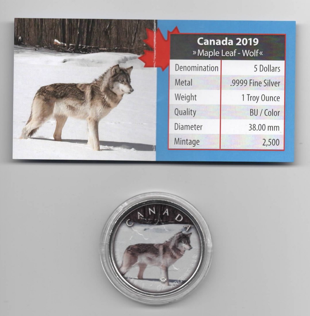 Maple Leaf, On the Trails of Wildlife, 2019, Wolf, Farbe, 2500, Zertifikat, 1 unze oz Silber   
