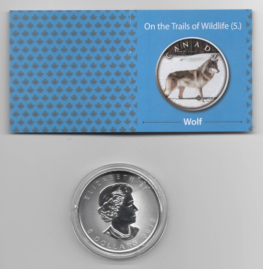  Maple Leaf, On the Trails of Wildlife, 2019, Wolf, Farbe, 2500, Zertifikat, 1 unze oz Silber   