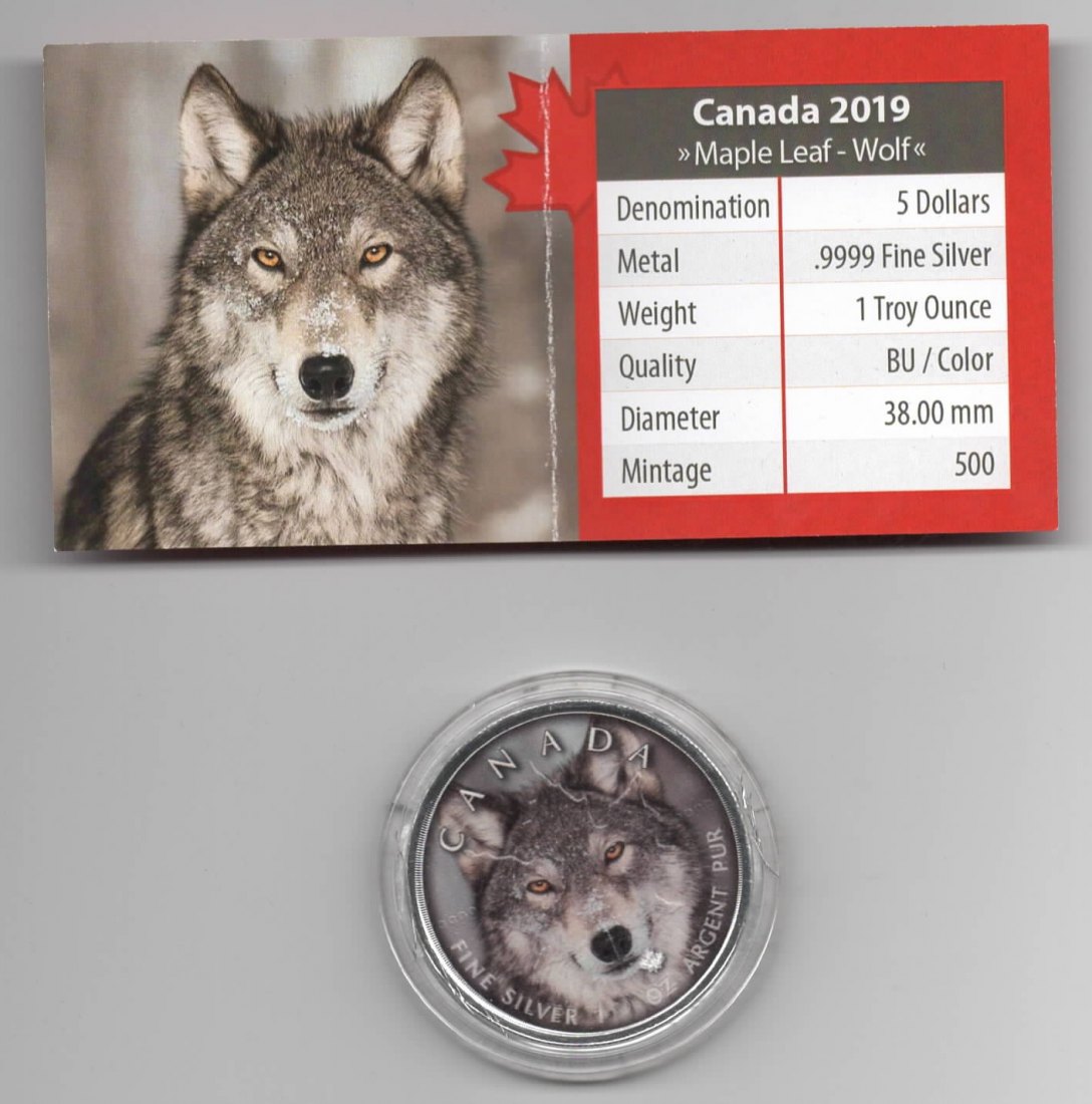  Maple Leaf, Canadas Wildlife, 2019, Wolf, Farbe, 500 Stück, Zertifikat, 1 unze oz Silber   