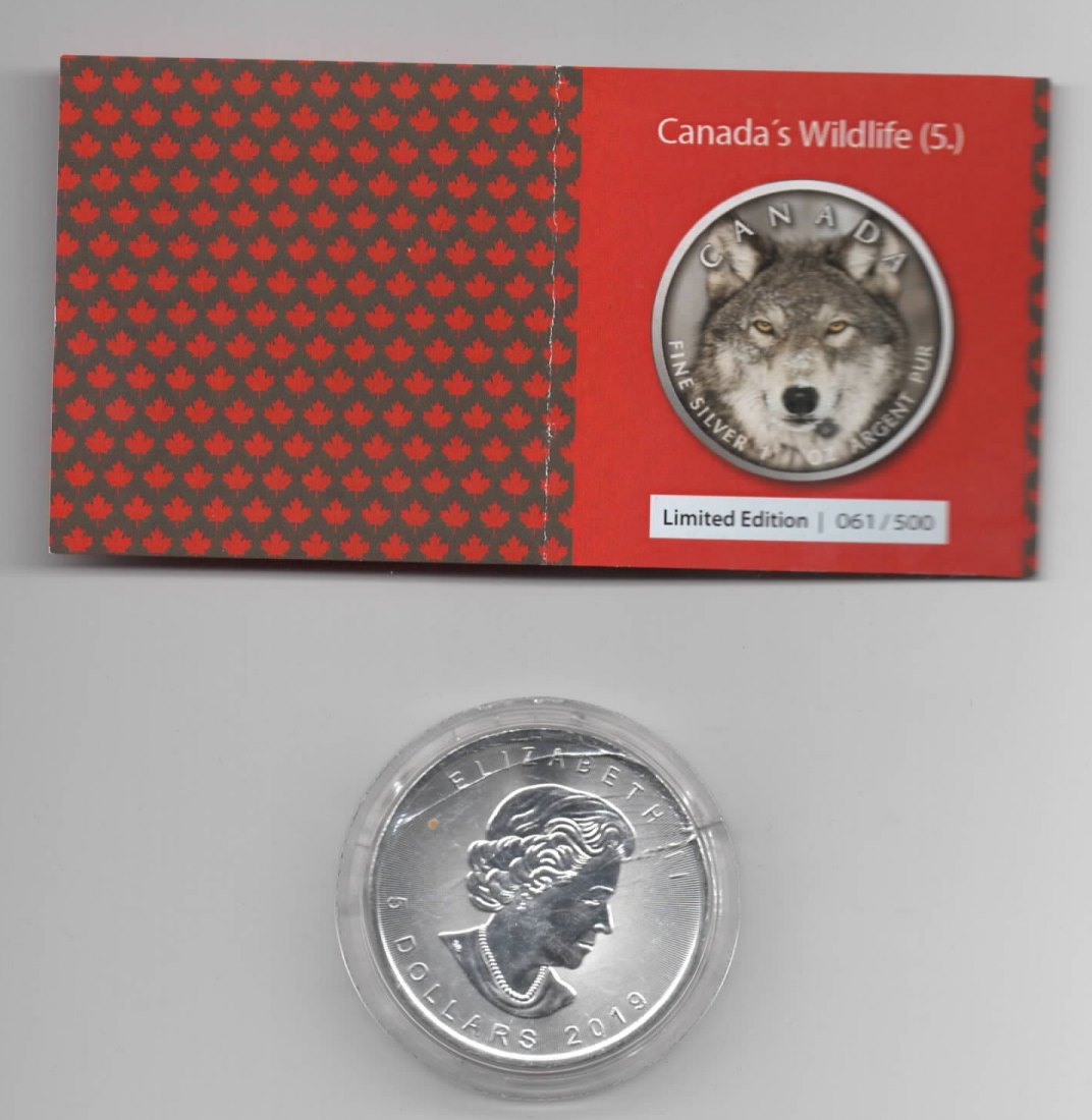  Maple Leaf, Canadas Wildlife, 2019, Wolf, Farbe, 500 Stück, Zertifikat, 1 unze oz Silber   
