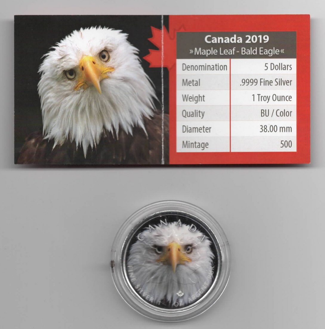  Maple Leaf, Canadas Wildlife, 2019, Bald Eagle, Farbe, 500 Stück, Zertifikat, 1 unze oz Silber   