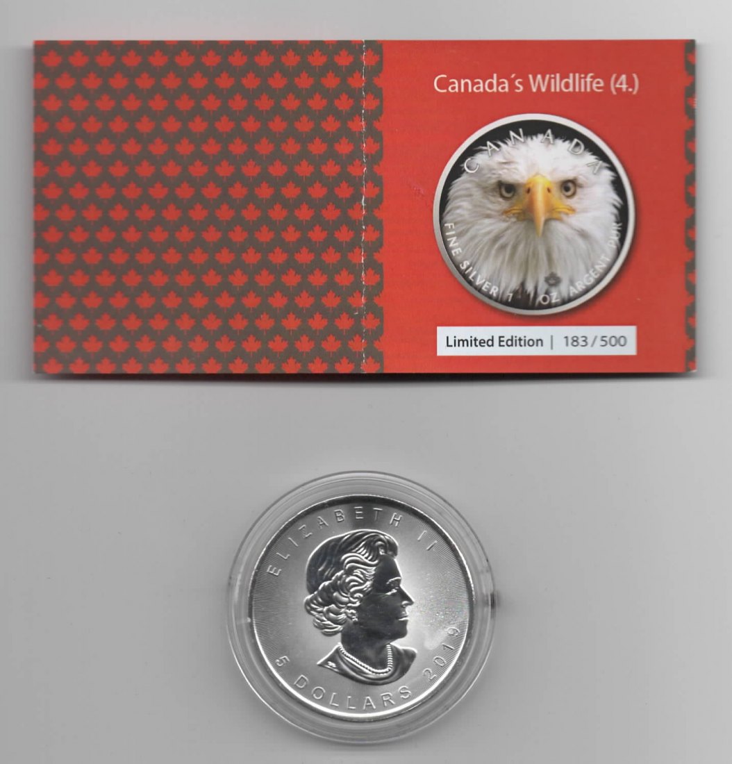  Maple Leaf, Canadas Wildlife, 2019, Bald Eagle, Farbe, 500 Stück, Zertifikat, 1 unze oz Silber   