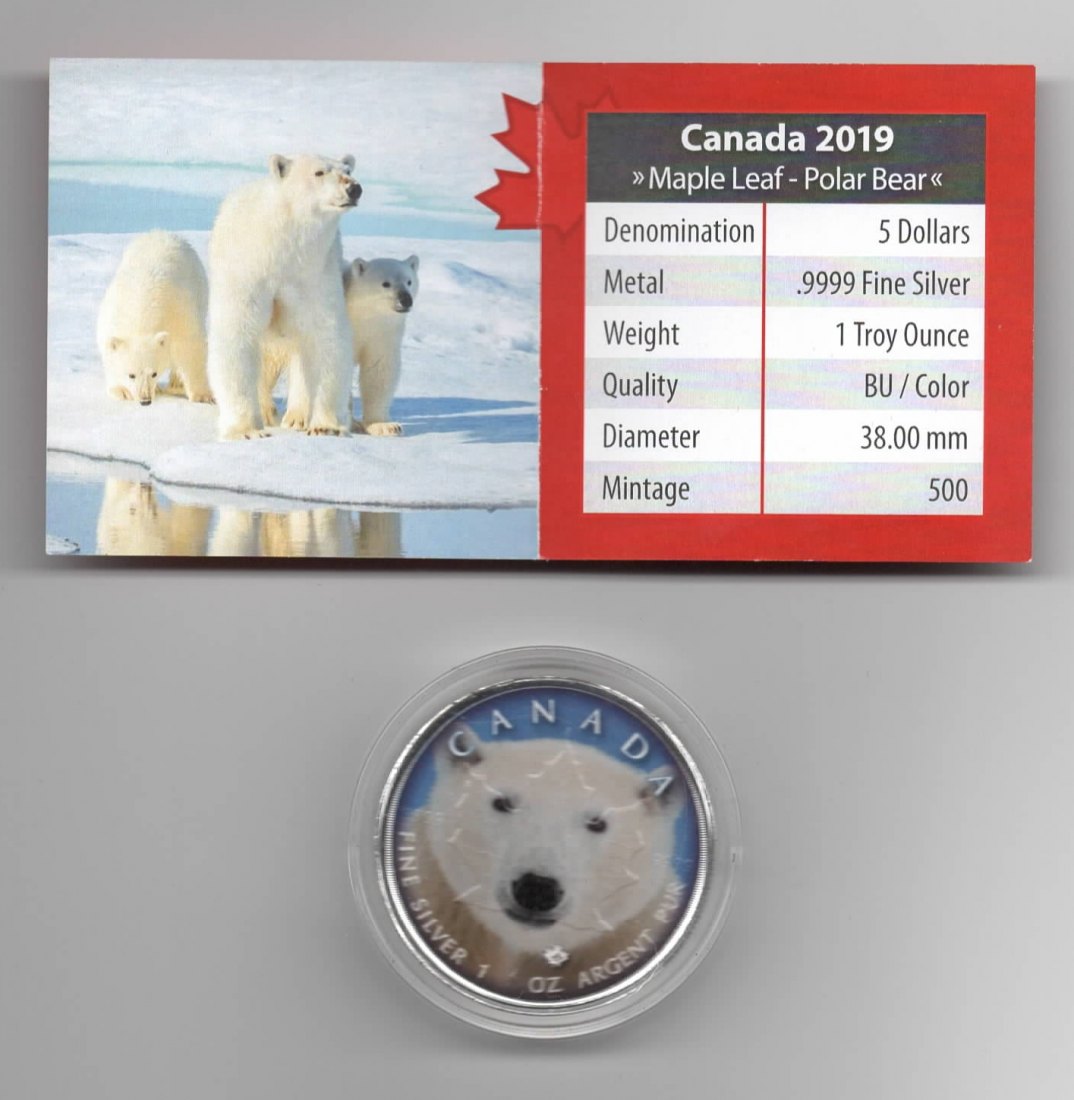  Maple Leaf, Canadas Wildlife, 2019, Polar Bear, Farbe, 500 Stück, Zertifikat, 1 unze oz Silber   